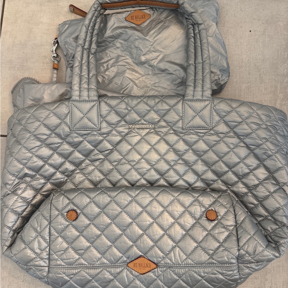 MZ Wallace Metallic Gray Silver Quilted Tote